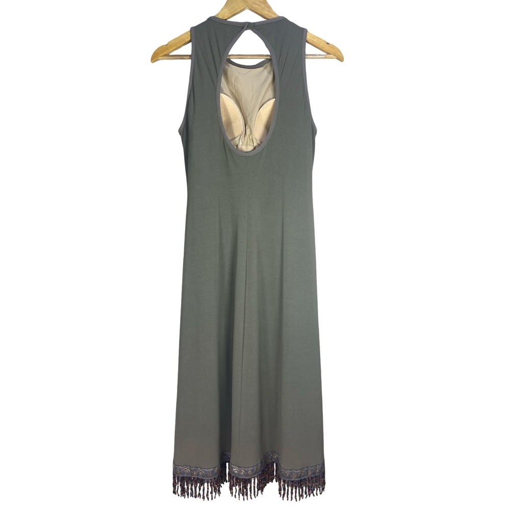 Vintage Barbara Lesser Boho Beaded Fringe Midi Shift Dress Keyhole Back M earthy - Picture 5 of 13